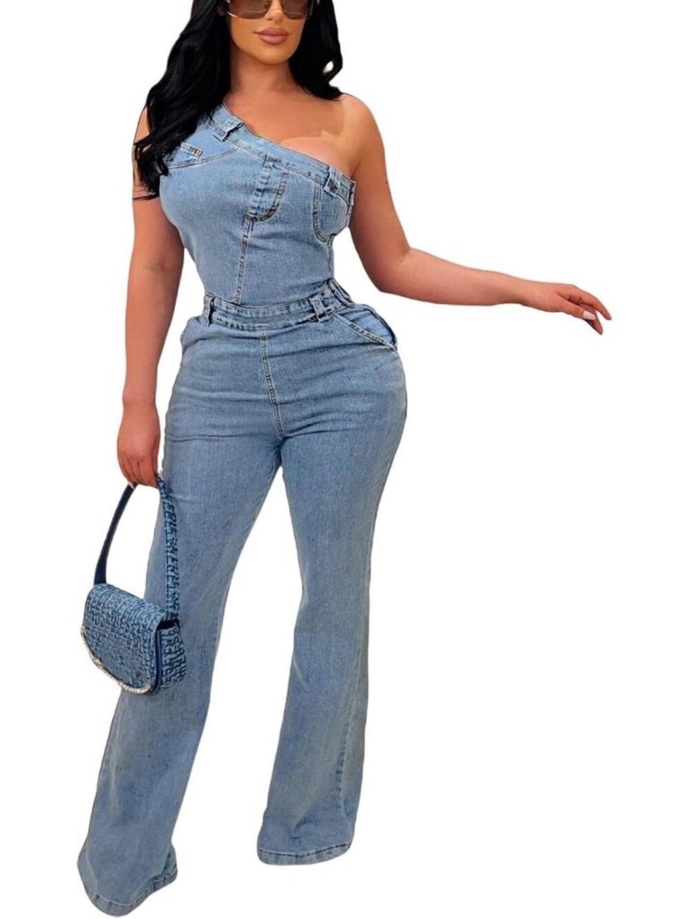 Stylish One Shoulder Denim Jumpsuit - Sleeveless Casual Flare Wide Leg Romper